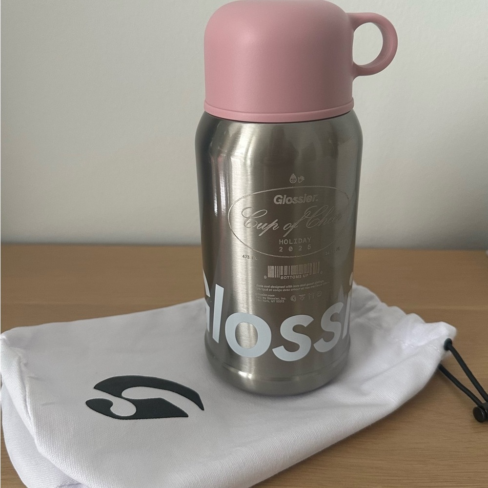 Glossier 16 oz. Classic Tumbler Thermos Holiday Exclusive Pink Silver RARE NEW!